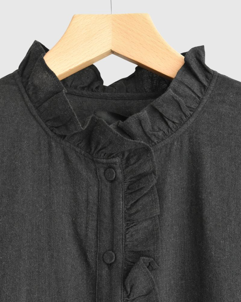 FRILL COLLAR SHIRT DRESS WITH RAJASTHAN GATHER Black
