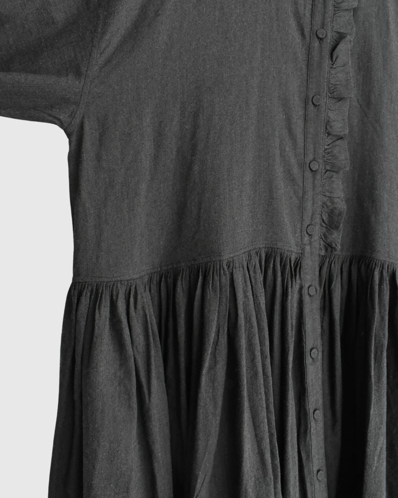 FRILL COLLAR SHIRT DRESS WITH RAJASTHAN GATHER Black