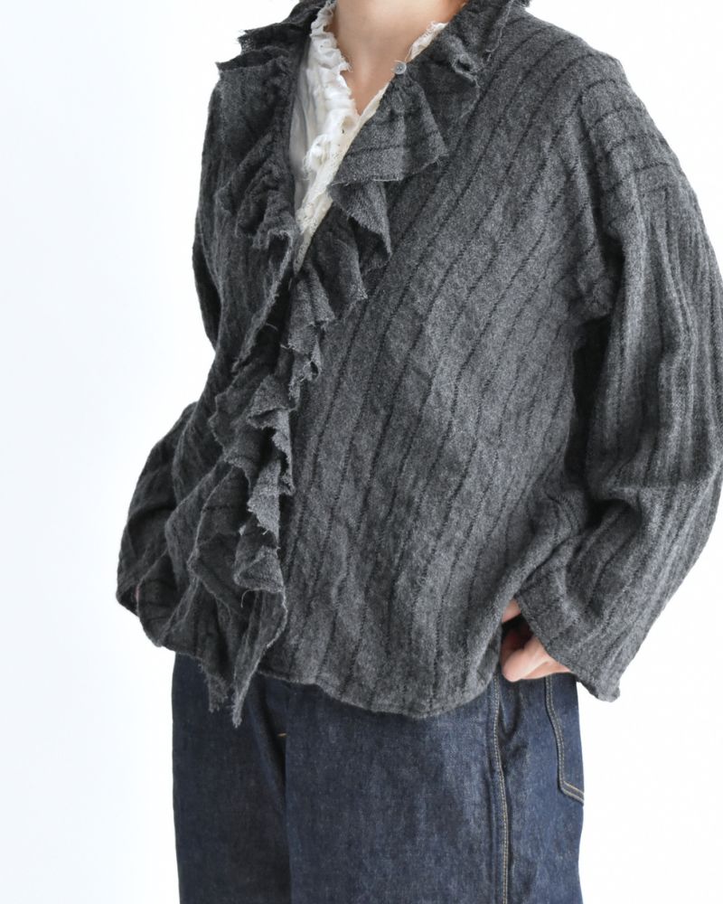 ウールストライプ フリルトリムブラウス Gray
