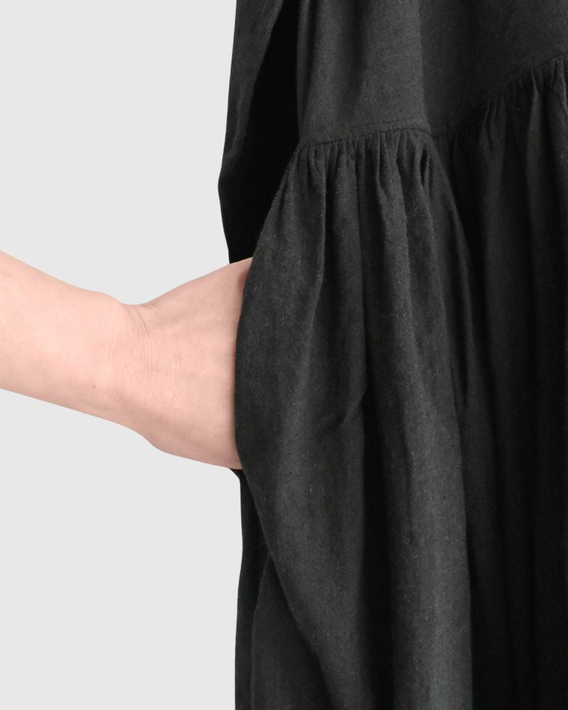 FRILL COLLAR SHIRT DRESS WITH RAJASTHAN GATHER Black