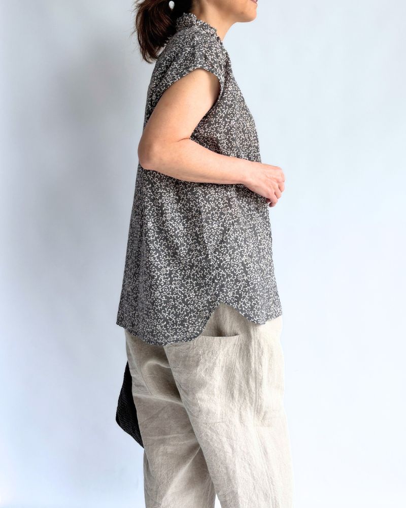 POWER LOOM COTTON DOBIE CHECK ARABESQUE SCREEN PRINT NO/SL FRILL COLLAR SHIRT DarkGray