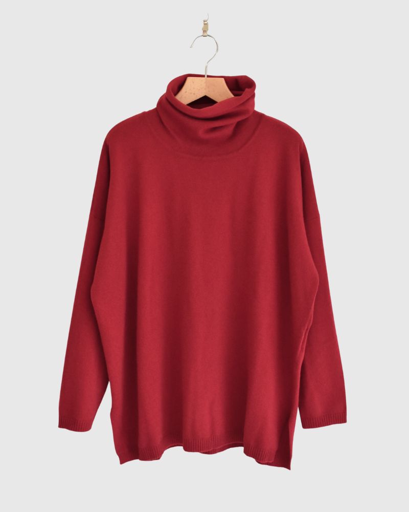 PLAIN STITCH DROP SHOULDER POLO NECK WITH SLIT Red