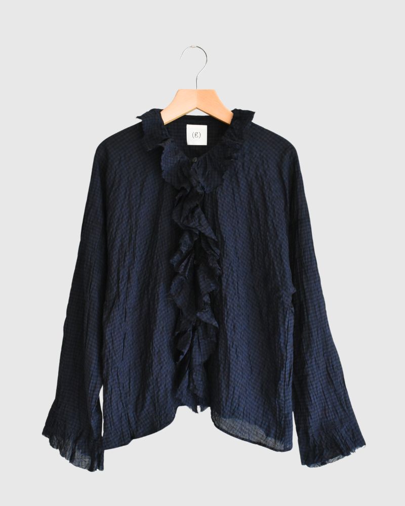 チェックフリルトリムブラウス NavyCheck