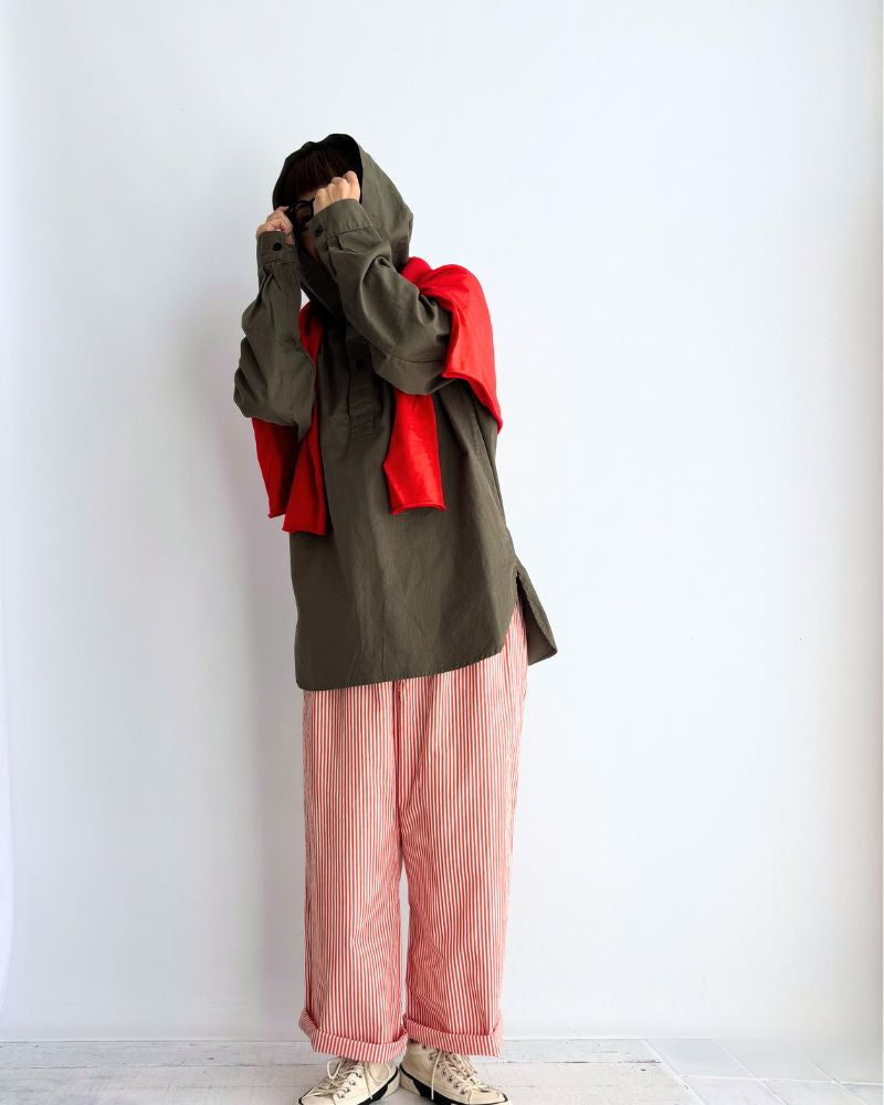 COTTON HERRINGBONE WASH HOODED PULLOVER SHIRT KhakiHerringbone