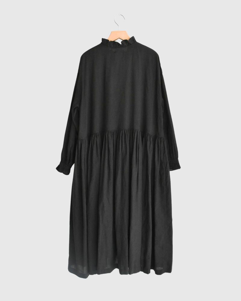 FRILL COLLAR SHIRT DRESS WITH RAJASTHAN GATHER Black