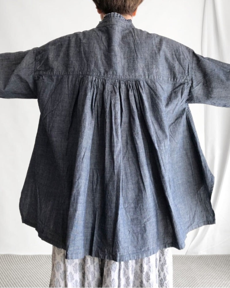 5ozコットンリネンスラブデニム ロングシャツ Indigo