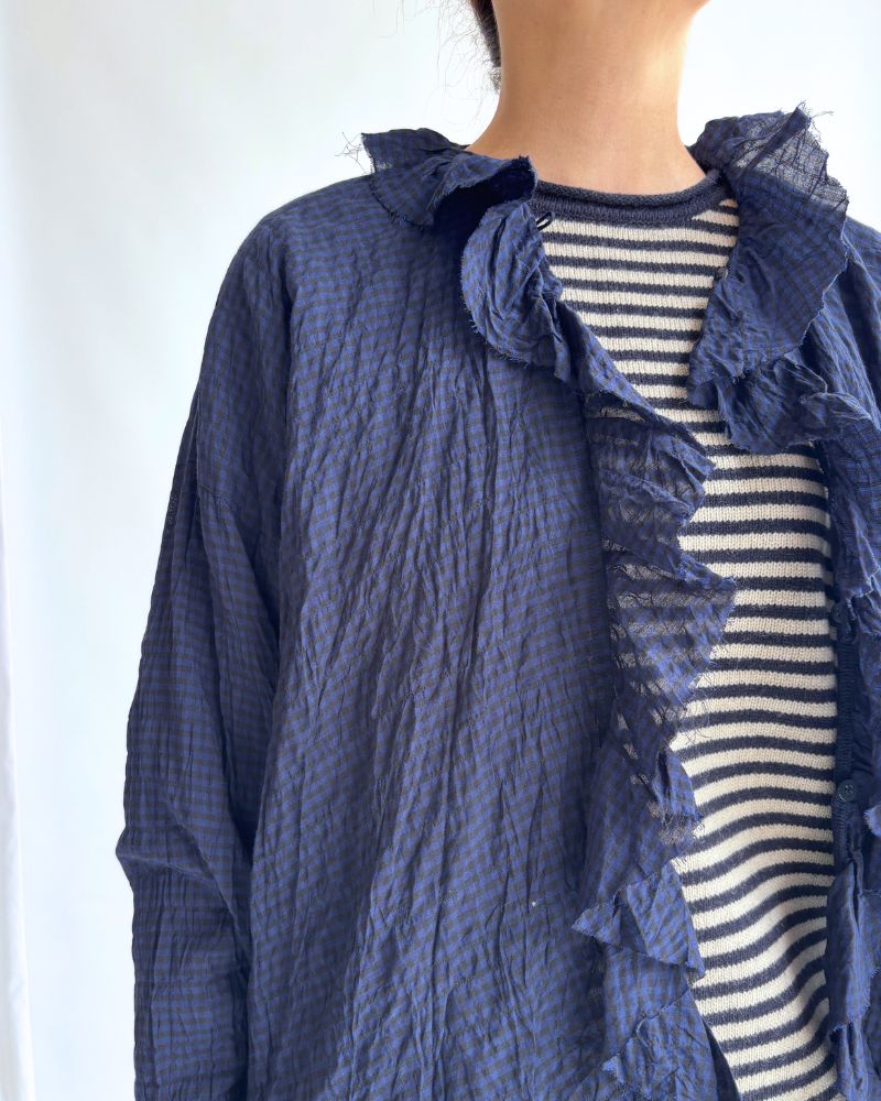 チェックフリルトリムブラウス NavyCheck