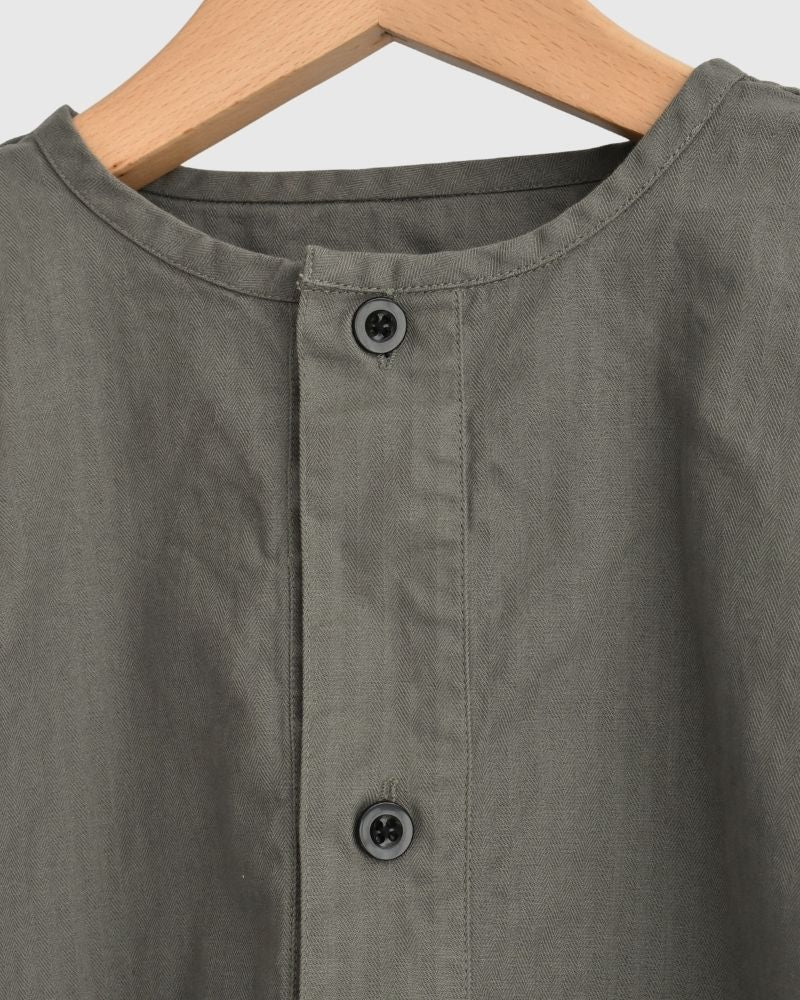 COTTON HERRINGBONE WASH HENRY NECK SHIRT KhakiHerringbone
