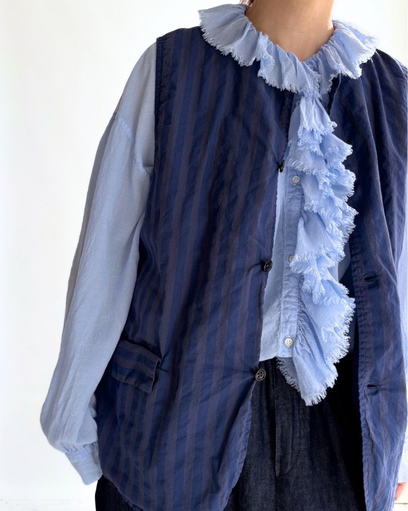 POPLIN WIDE STRIPE (OVERDYE) NO COLLAR VEST PurpleNavy