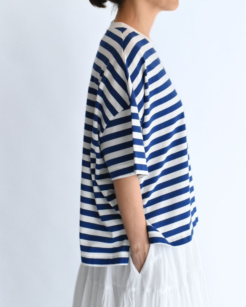 クルーネック スリットTシャツ Blue/White