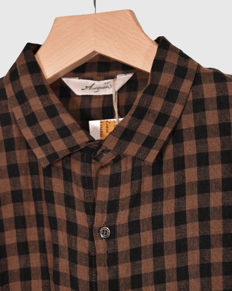 LINEN GINGHAM CHECK SHIRT Brown