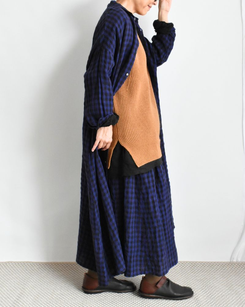 LINEN GINGHAM CHECK DRESS Navy