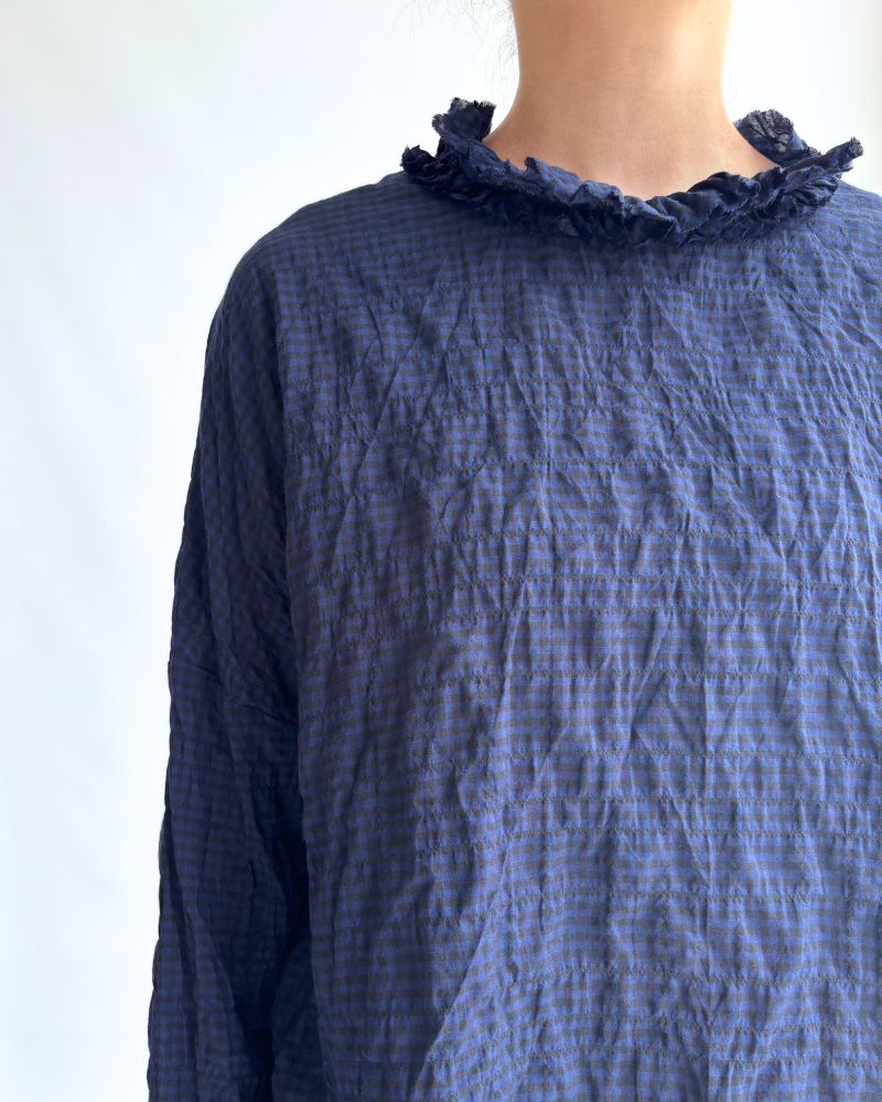 チェックネックフリル ボックスプルオーバー NavyCheck