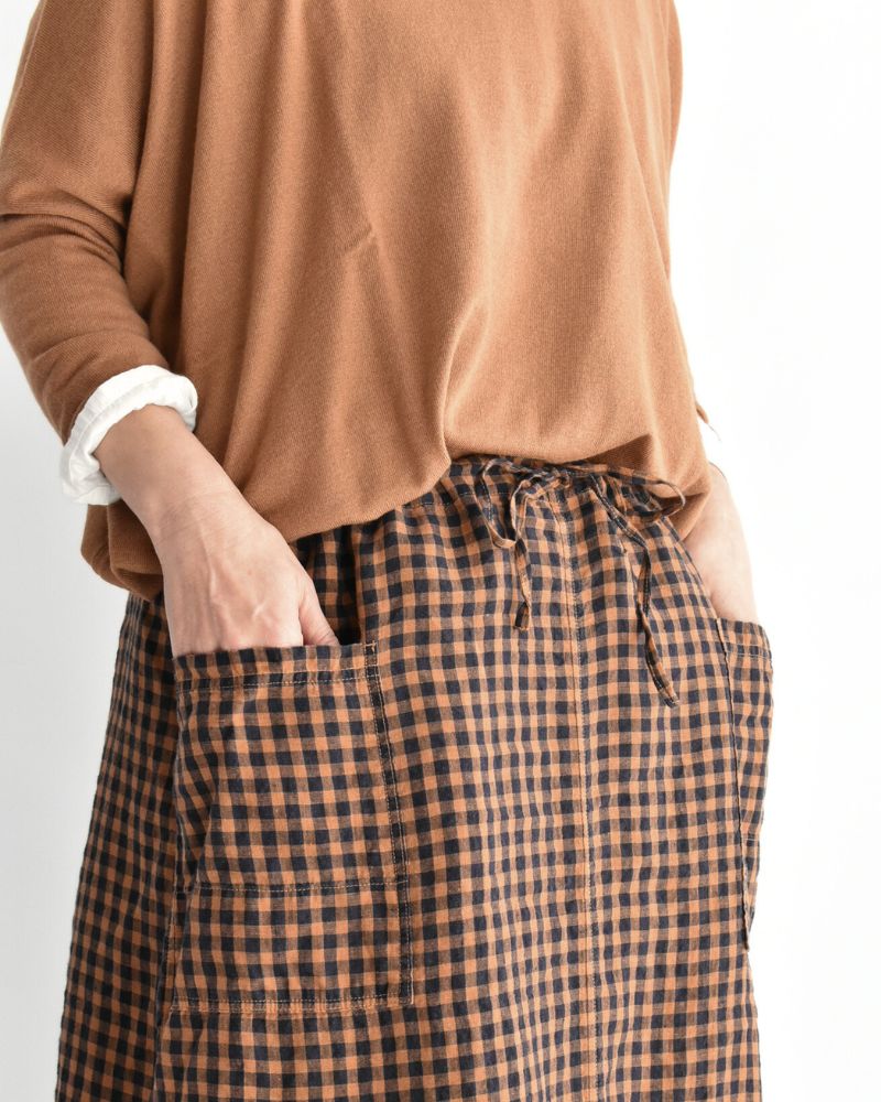 LINEN CHECK OVERDYE EASY SKIRT Cinnamon