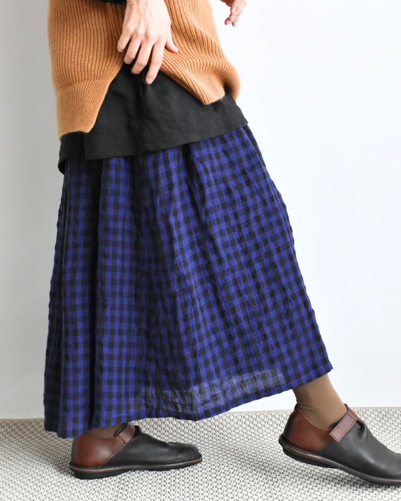 LINEN GINGHAM CHECK SKIRT Navy