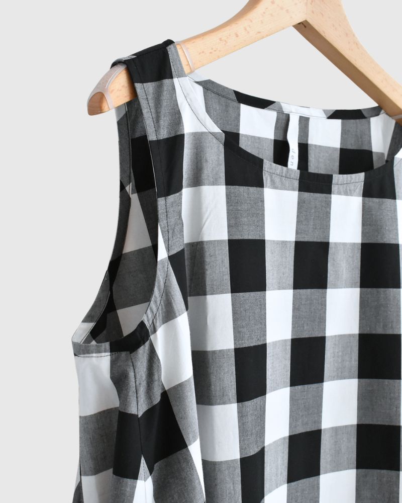 ブロックチェック ノースリーブフレアードレス White/Black