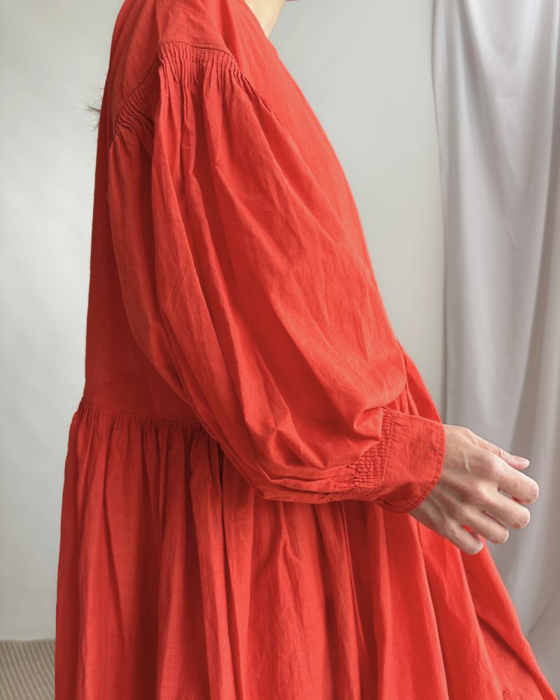 100s KHADI (100s×150s) BANDED COLLAR SHIRT DRESS WITH RAJASTHAN TUCK GATHERE Orange