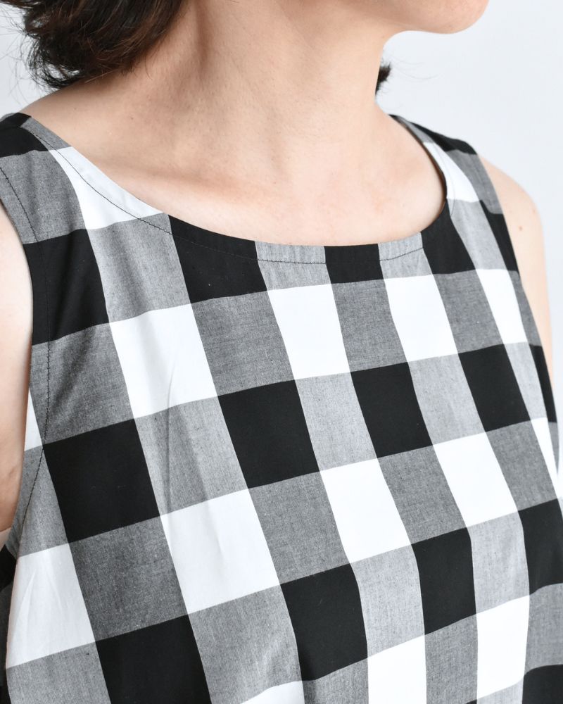 ブロックチェック ノースリーブフレアードレス White/Black