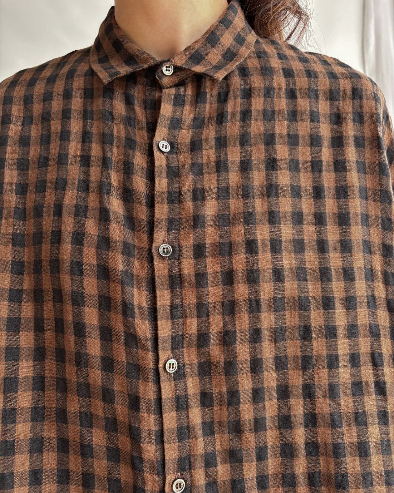 LINEN GINGHAM CHECK SHIRT Brown