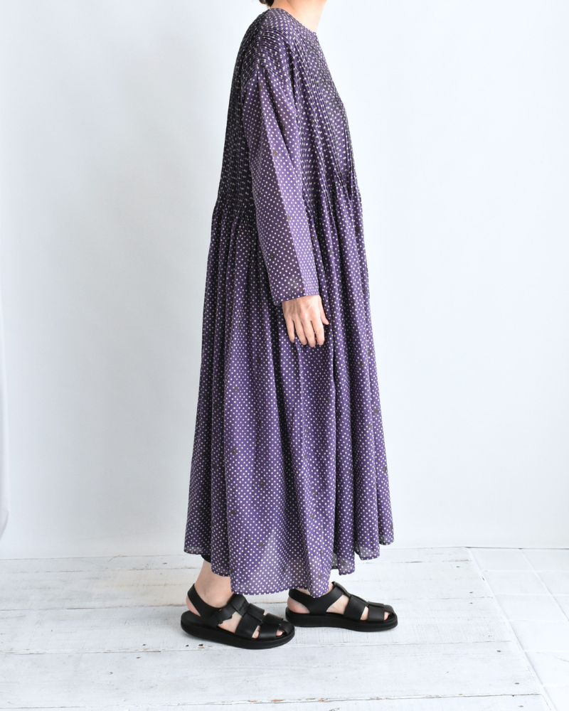 CREW NECK BUTTON SHIRTS DRESS WITH MINI PINTUCK Purple