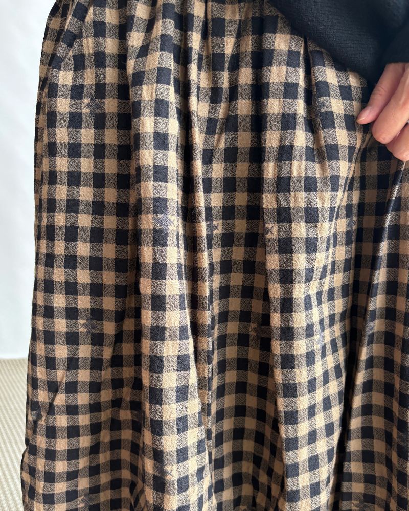 WOOL GINGHAM CHECK WITH JACQUARD RAJASTHAN TUCK GATHERED SKIRT WITH LINING Camel