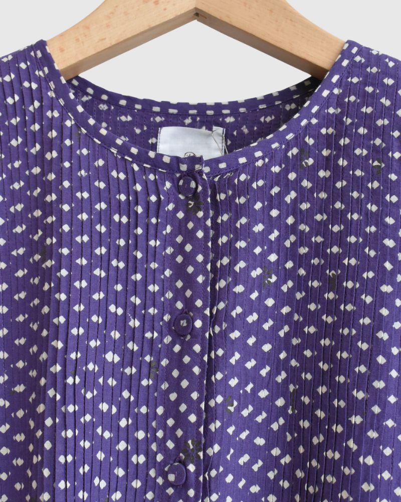 CREW NECK BUTTON SHIRTS DRESS WITH MINI PINTUCK Purple