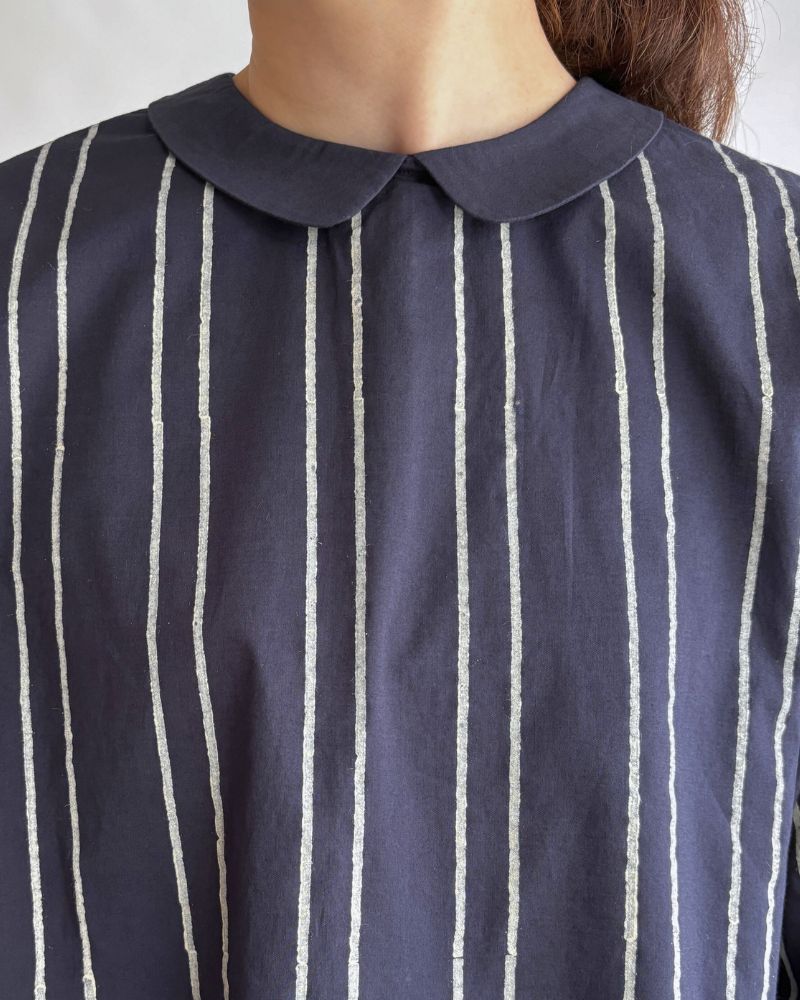 60s COTTON STRIPE BLOCK PRINT BACK OPENING ROUND COLLAR SHIRT Navy