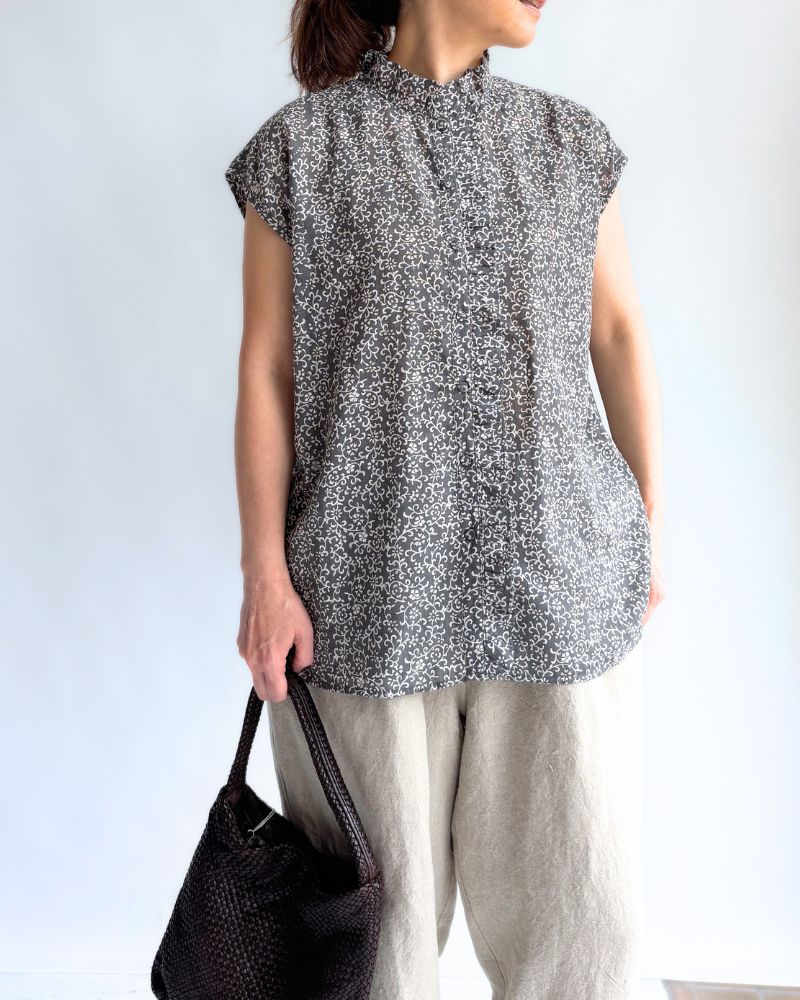 POWER LOOM COTTON DOBIE CHECK ARABESQUE SCREEN PRINT NO/SL FRILL COLLAR SHIRT DarkGray