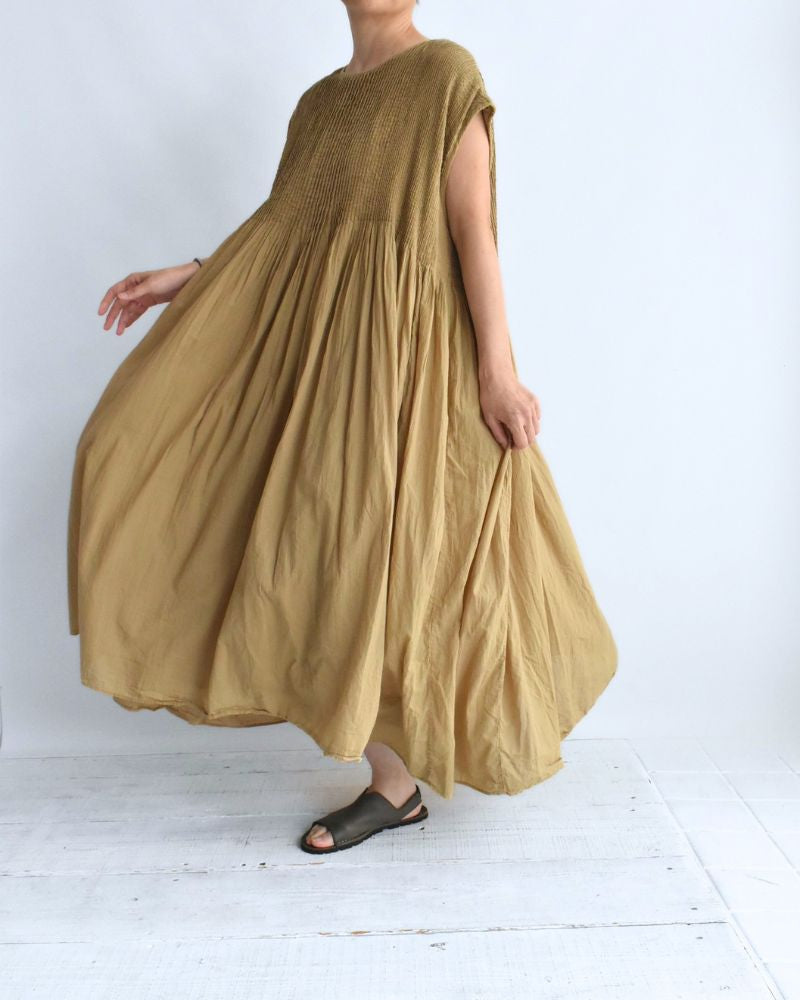 CREW-NECK F/SL DRESS WITH PINTUCK GreyKhaki