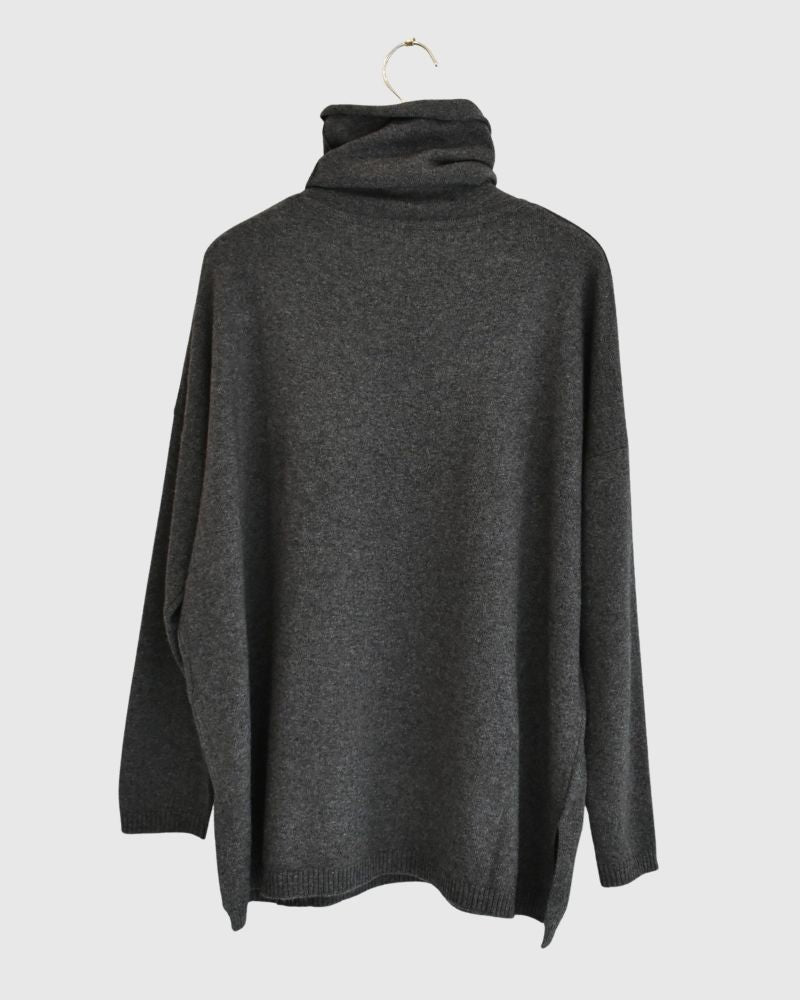 PLAIN STITCH DROP SHOULDER POLO NECK WITH SLIT Charcoal