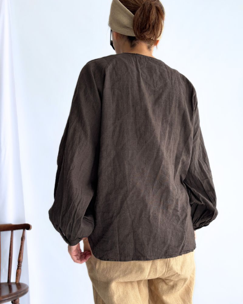 ハンドスパン コットンリネン フリルブラウス DarkBrown