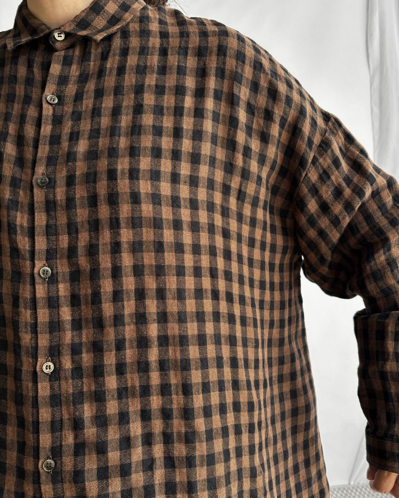 LINEN GINGHAM CHECK SHIRT Brown