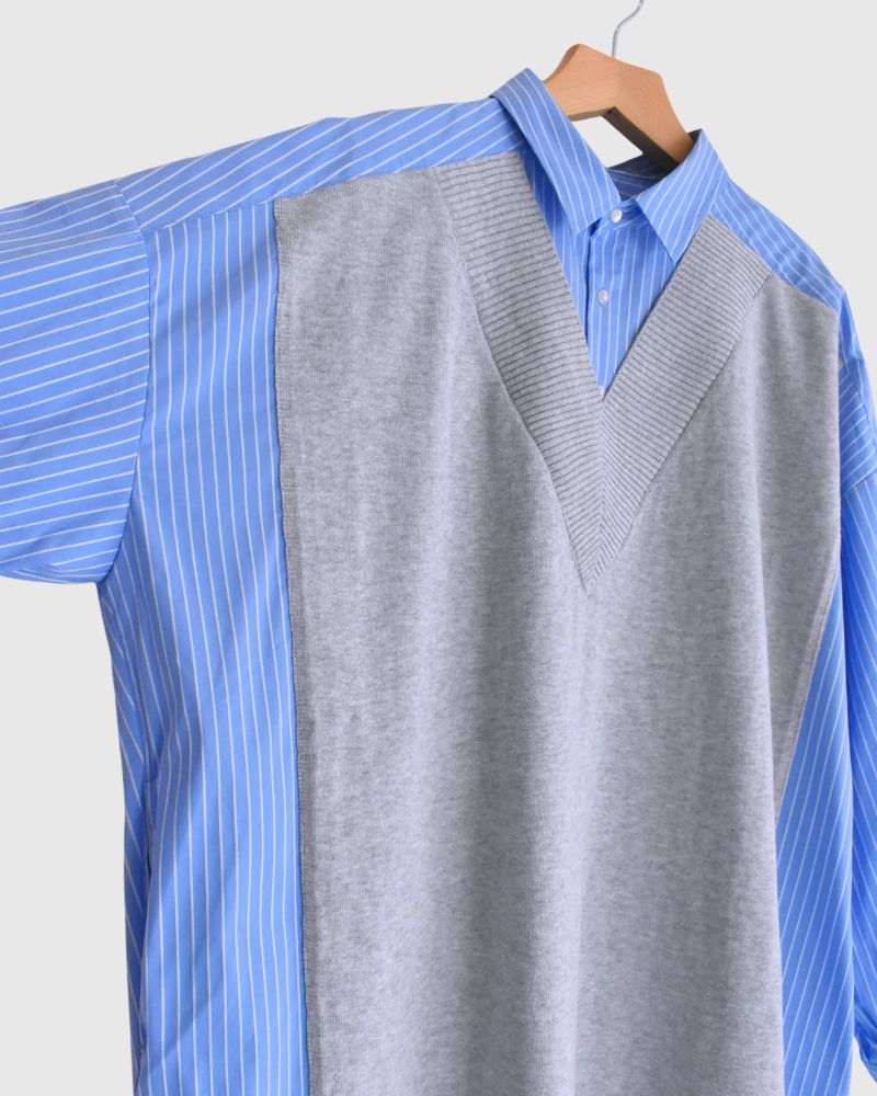 ニットベスト重ね着風ストライプシャツワンピース 'APOLU' Saxe