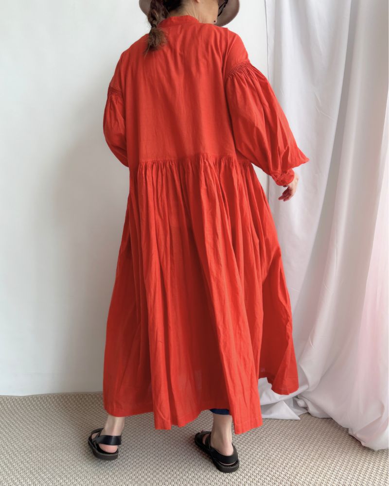 100s KHADI (100s×150s) BANDED COLLAR SHIRT DRESS WITH RAJASTHAN TUCK GATHERE Orange