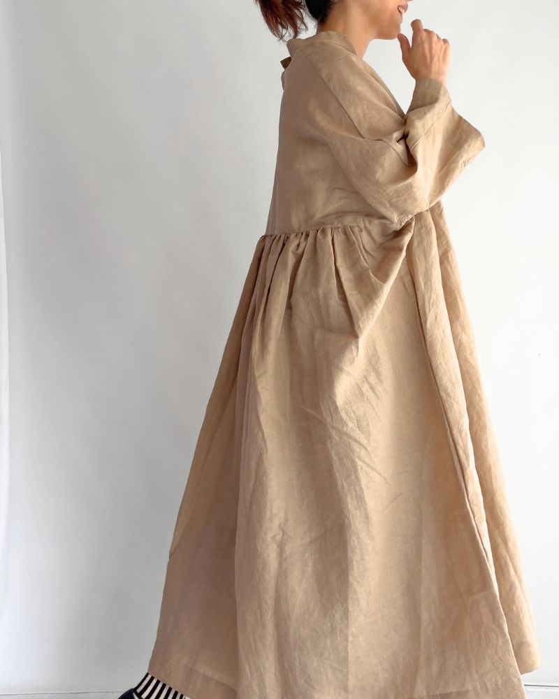 リネンコットン ギャザーワンピース Beige