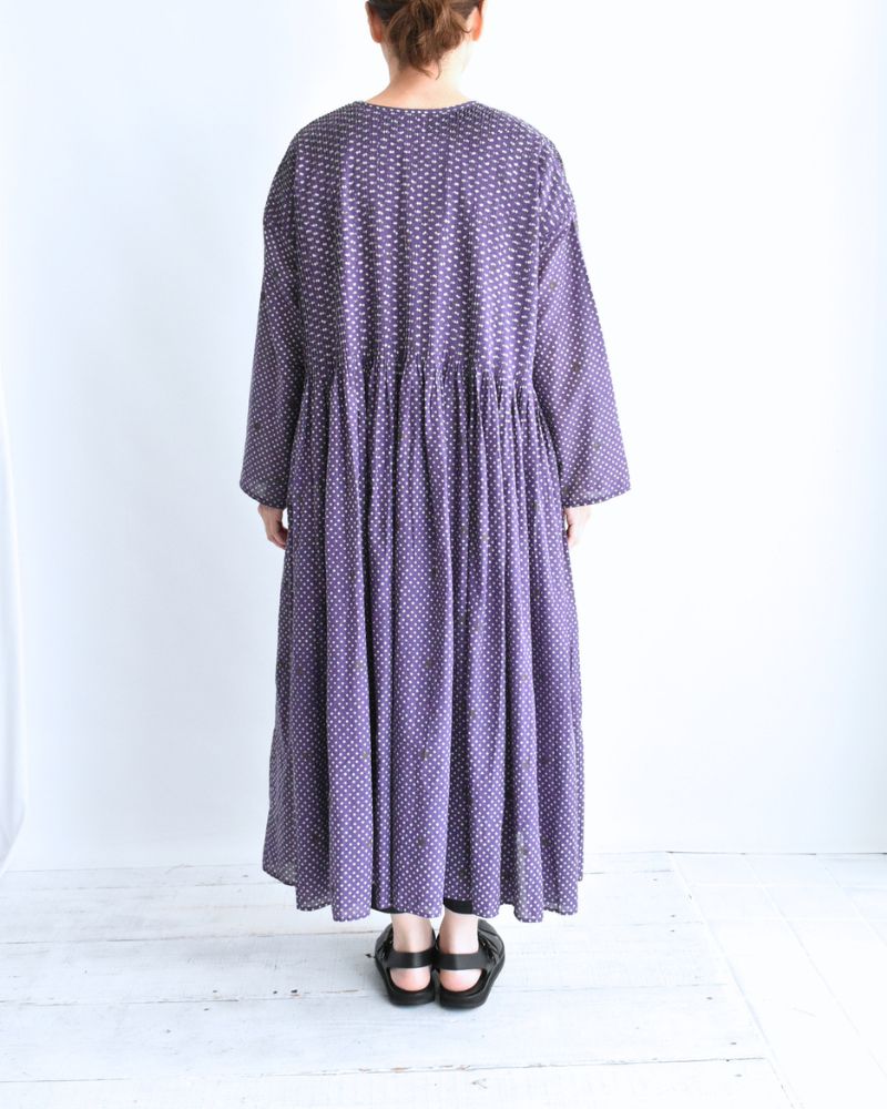 CREW NECK BUTTON SHIRTS DRESS WITH MINI PINTUCK Purple