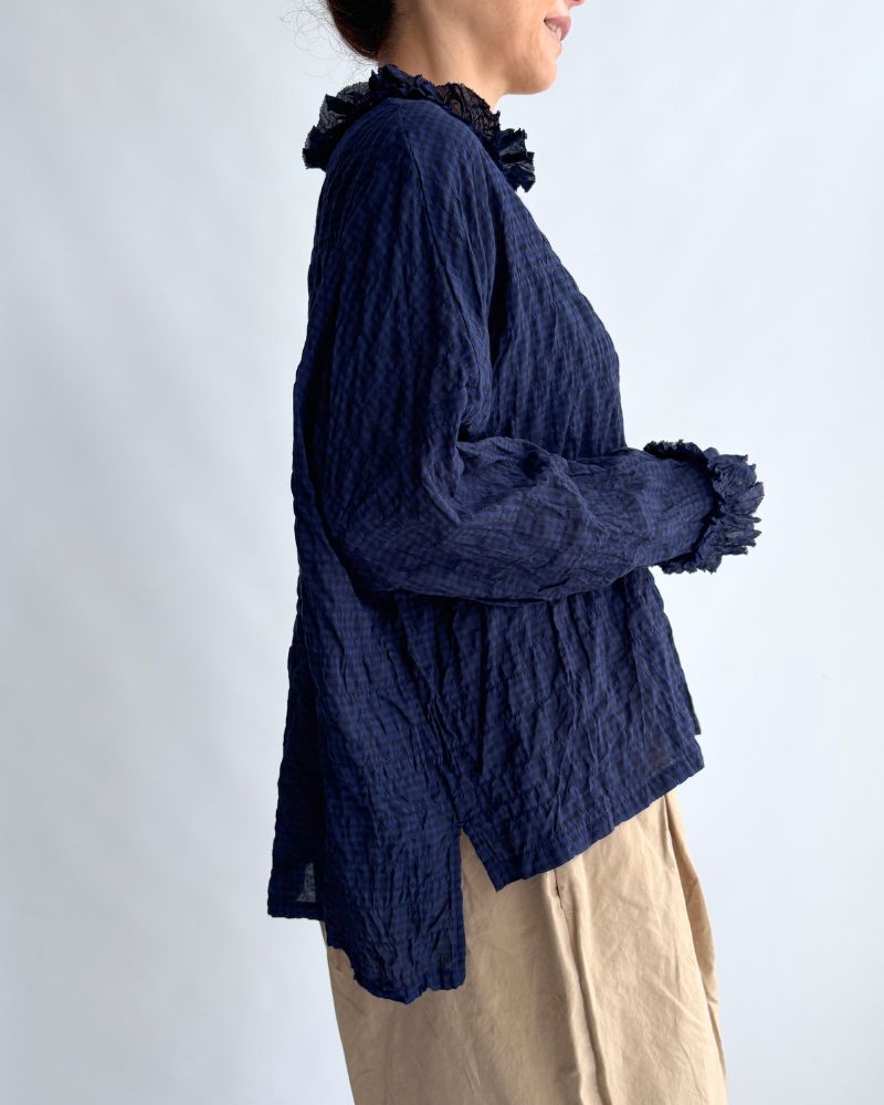 チェックネックフリル ボックスプルオーバー NavyCheck