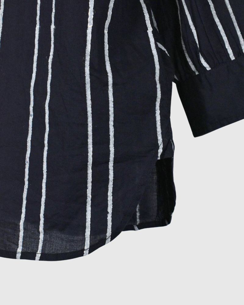 60s COTTON STRIPE BLOCK PRINT BACK OPENING ROUND COLLAR SHIRT Navy