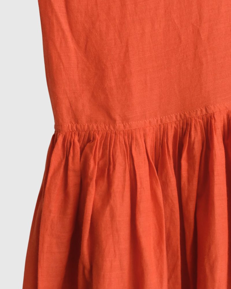 100s KHADI (100s×150s) BANDED COLLAR SHIRT DRESS WITH RAJASTHAN TUCK GATHERE Orange