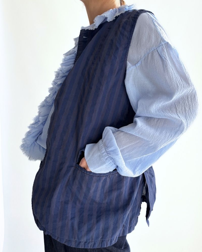 POPLIN WIDE STRIPE (OVERDYE) NO COLLAR VEST PurpleNavy
