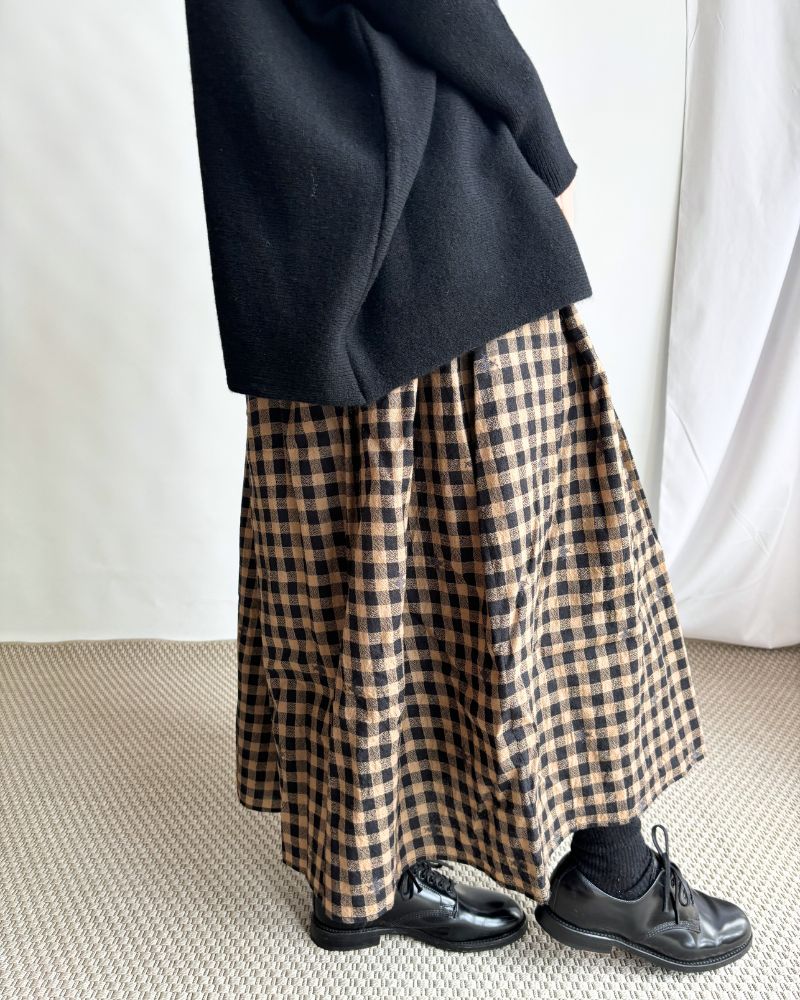 WOOL GINGHAM CHECK WITH JACQUARD RAJASTHAN TUCK GATHERED SKIRT WITH LINING Camel