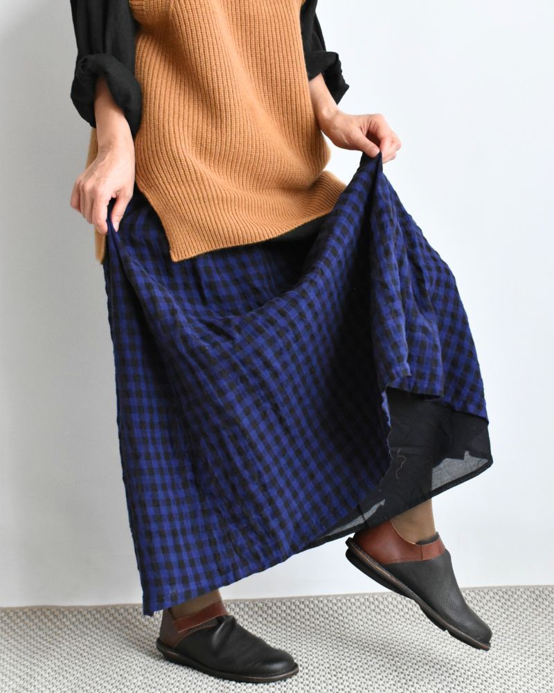 LINEN GINGHAM CHECK SKIRT Navy