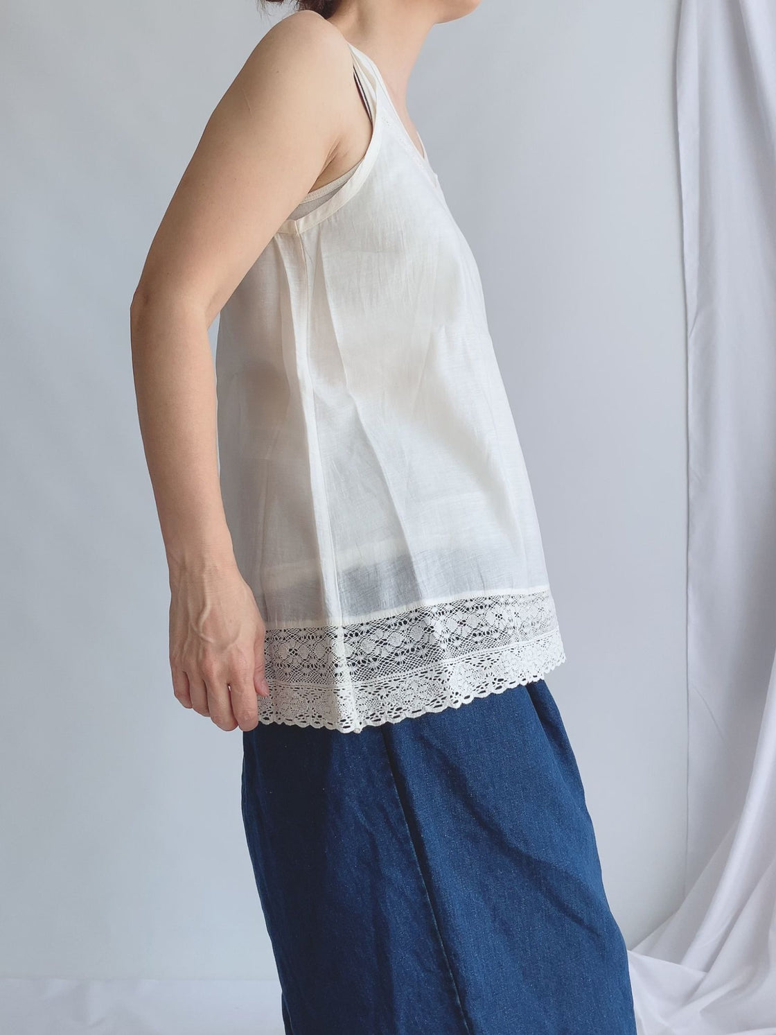 HANDWOVEN COTTON SILK WITH LACE 2WAY CAMISOLE　Natural