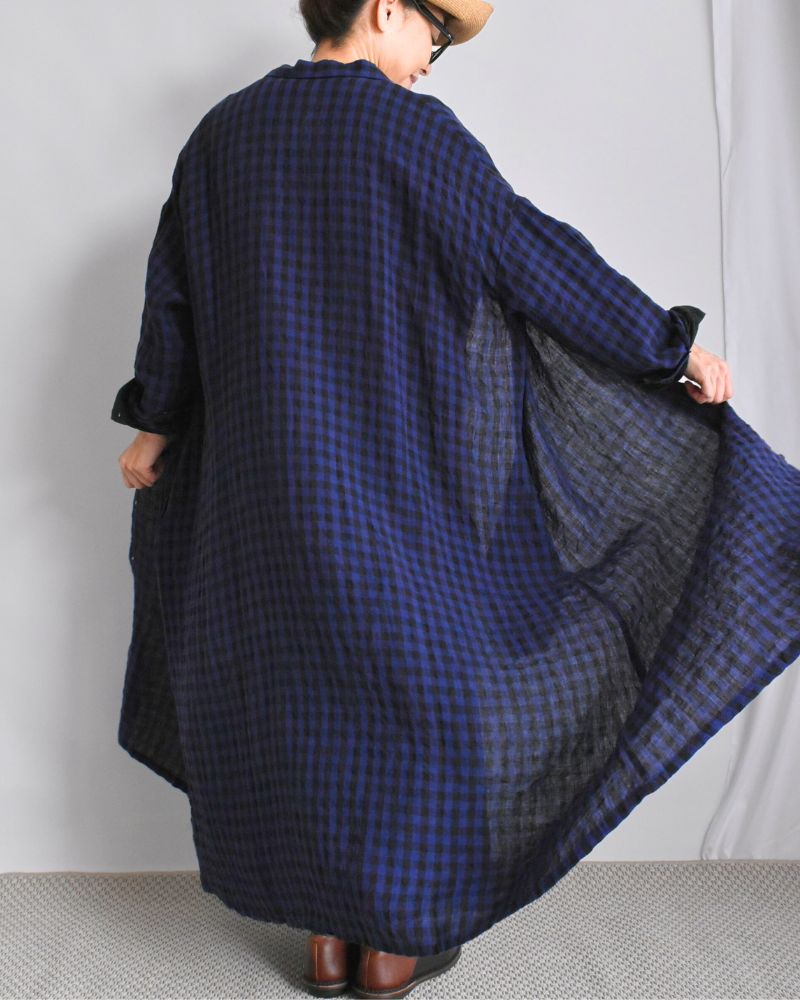 LINEN GINGHAM CHECK DRESS Navy