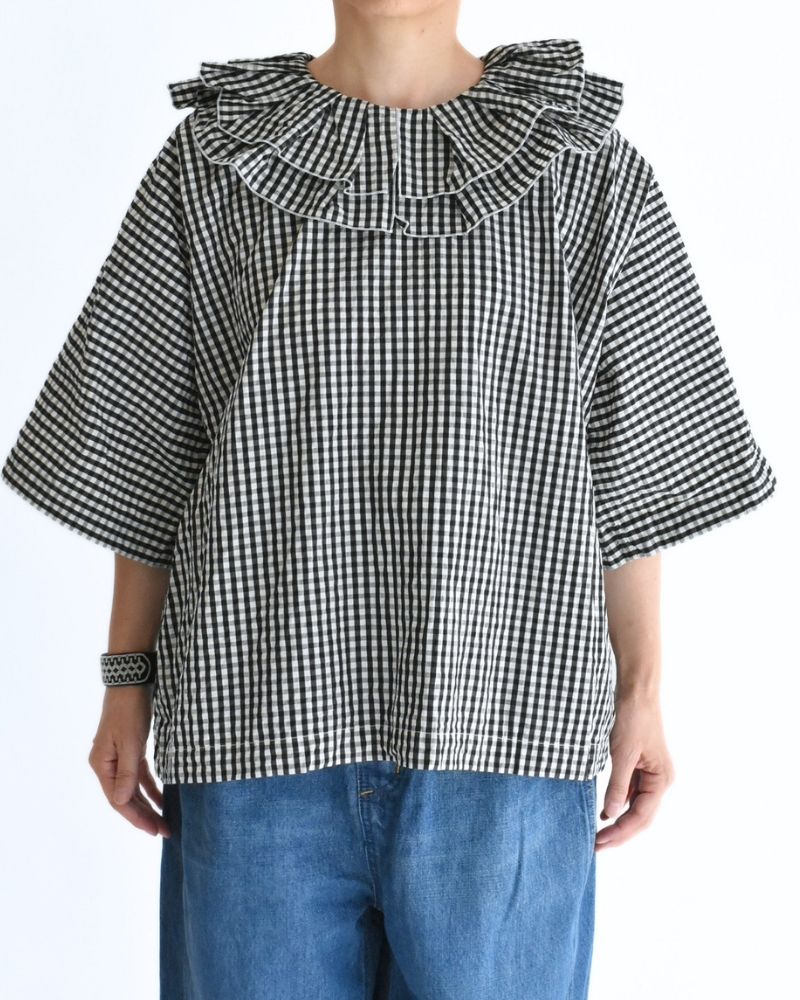 タックフリルプルオーバー Black/Ecru Check
