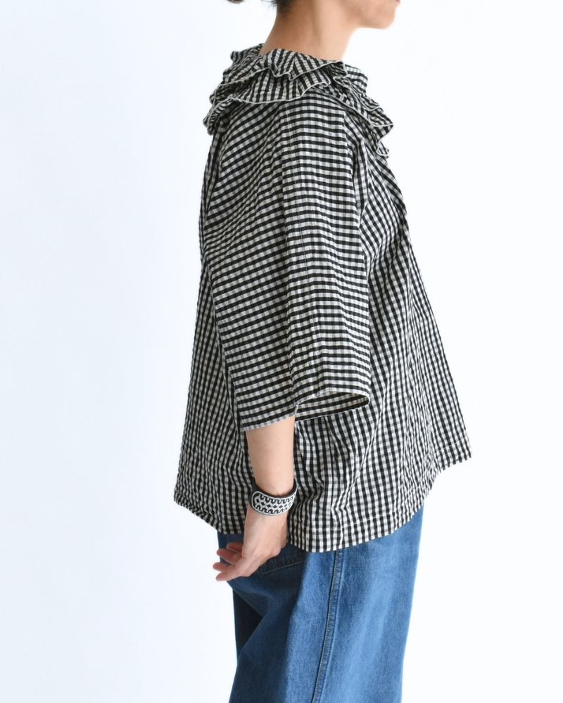 タックフリルプルオーバー Black/Ecru Check