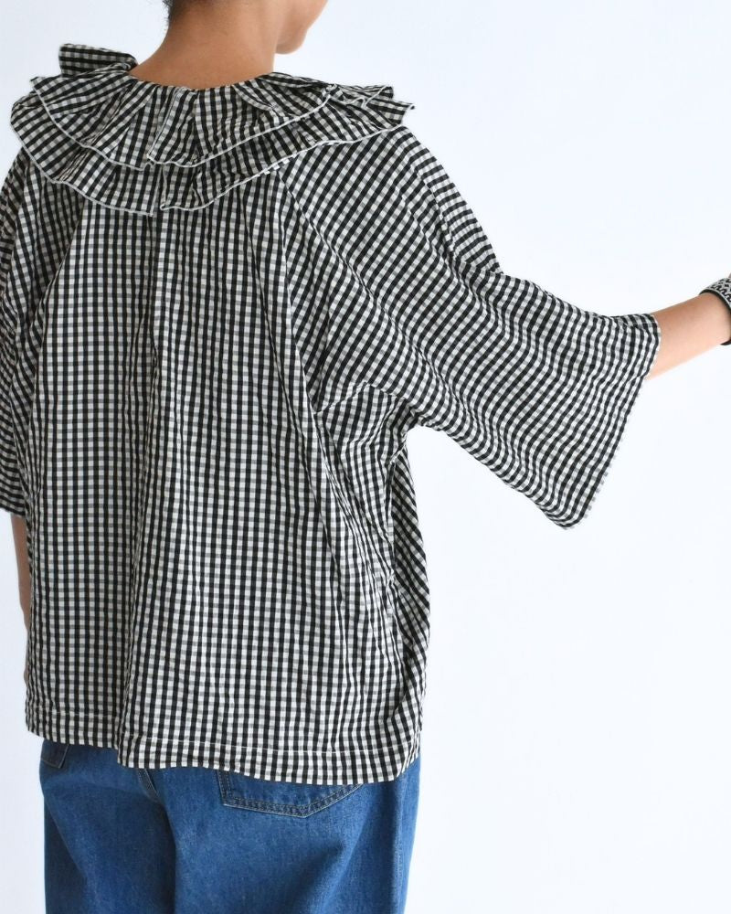 タックフリルプルオーバー Black/Ecru Check