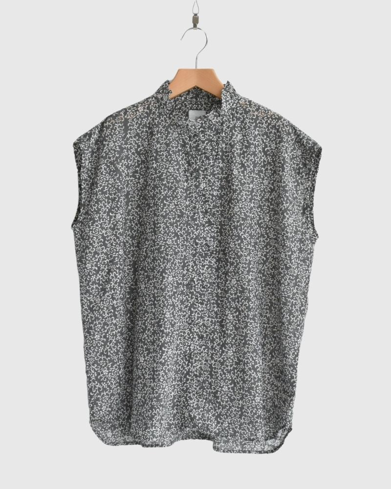 POWER LOOM COTTON DOBIE CHECK ARABESQUE SCREEN PRINT NO/SL FRILL COLLAR SHIRT DarkGray