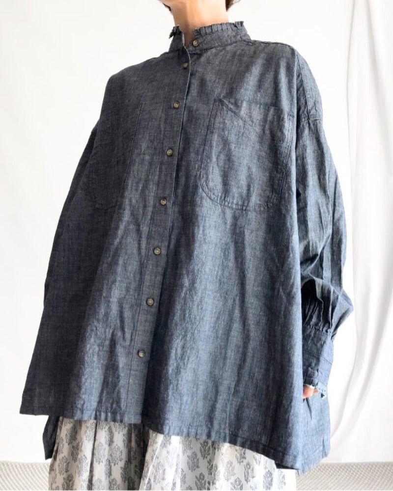 5ozコットンリネンスラブデニム ロングシャツ Indigo