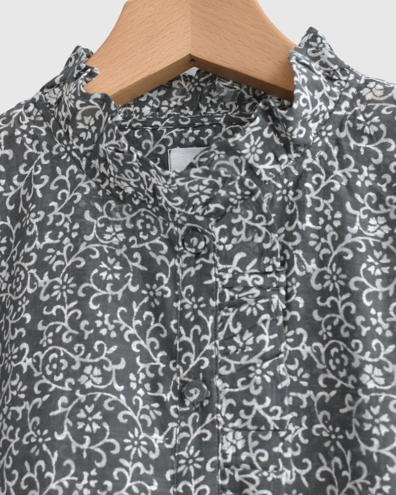 POWER LOOM COTTON DOBIE CHECK ARABESQUE SCREEN PRINT NO/SL FRILL COLLAR SHIRT DarkGray